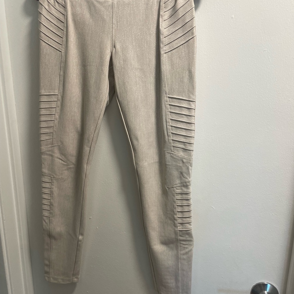 Beige Textured Moto Leggings